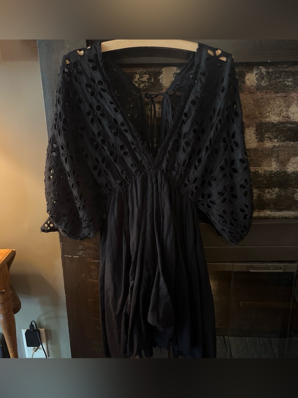 Free People FP ONE Bella Note Mini Dress floral eyelet Dolman Sleeve Black